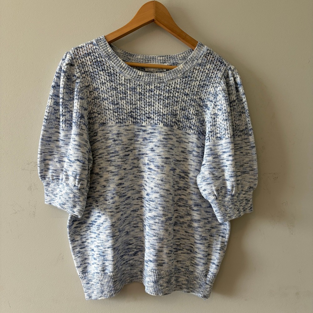 Anthropologie Mixed Stitch Puff Sleeve Sweater Blue White XL Space Dye Knit